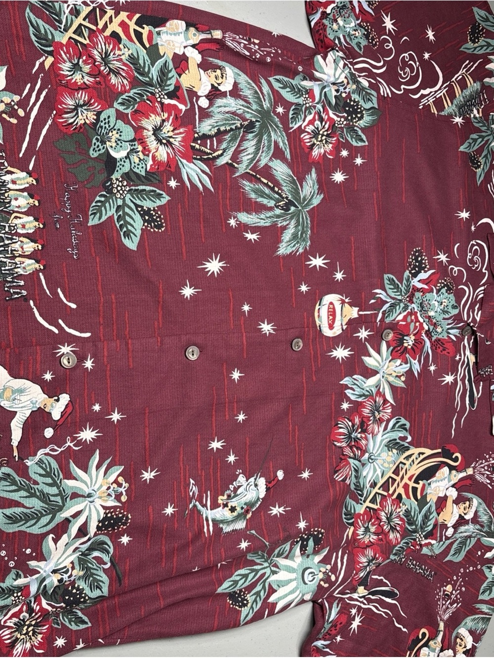 Tommy Bahama Merry Kitchmas Shirt Mens L Hawaiian 100% Silk Miss Vixen